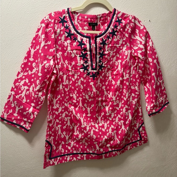 Talbots Pink White Blue Lobster Print Embroidered Cotton Tunic Top Size S NEW - Picture 2 of 6